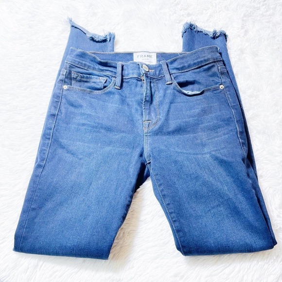 Frame Le Skinny de Jeanne Longstreet Dark Denim Fringe Hem SZ26 - Picture 5 of 8